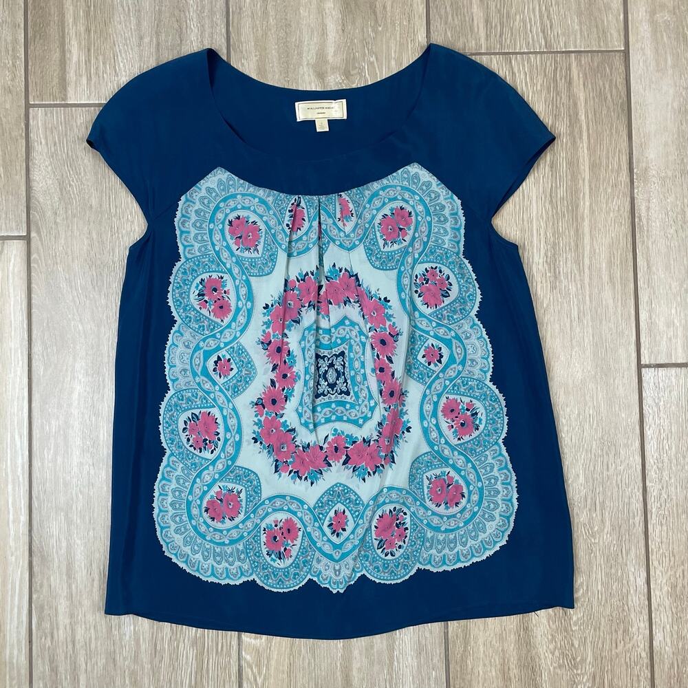 Moulinette Soeurs Anthropologie Silk Blouse Womens S Blue Floral Paisley Top